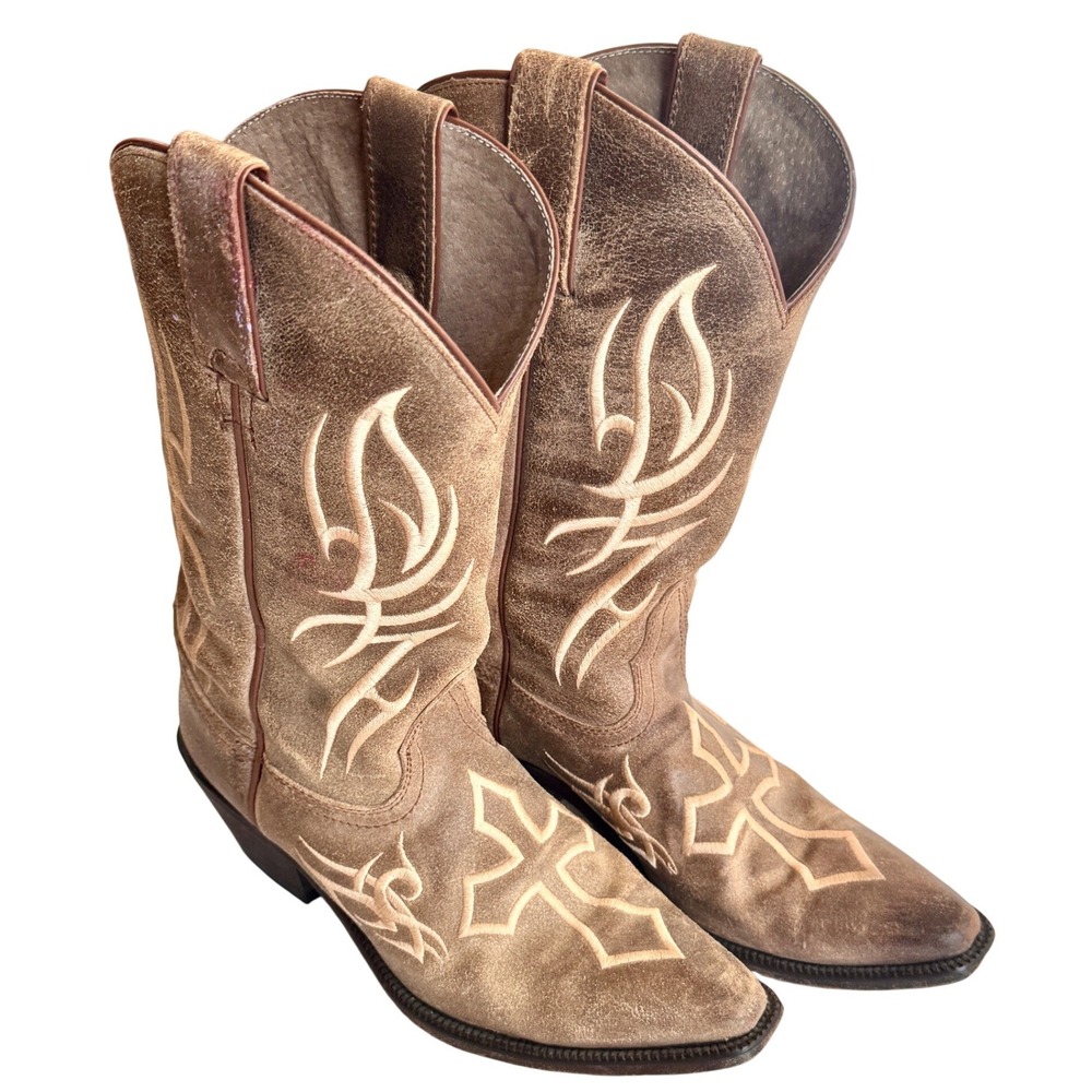 Western Cowgirl Boots Justin Leather Grey‎ Brown Cross Flame Embroidery Size 9 B